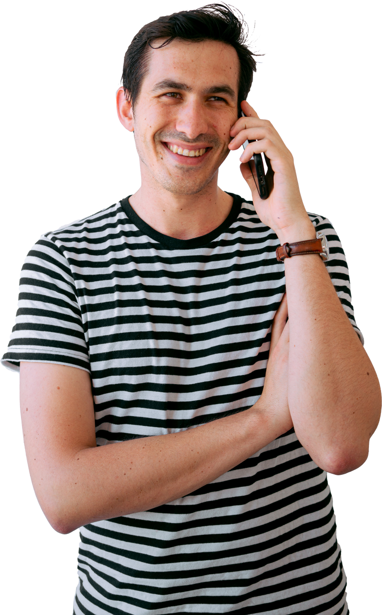 Smiling Man in Shirt Calling Using Smartphone